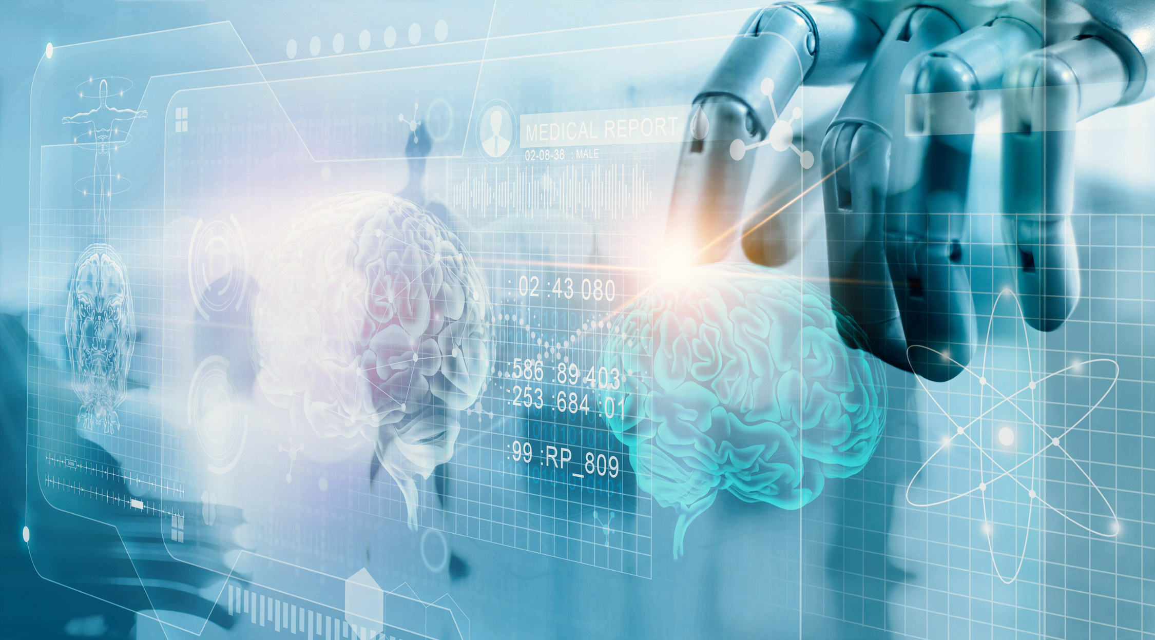 Robot checking brain testing result with computer interface, futuristic human brain analysis, innovative technology in science and medicine concept